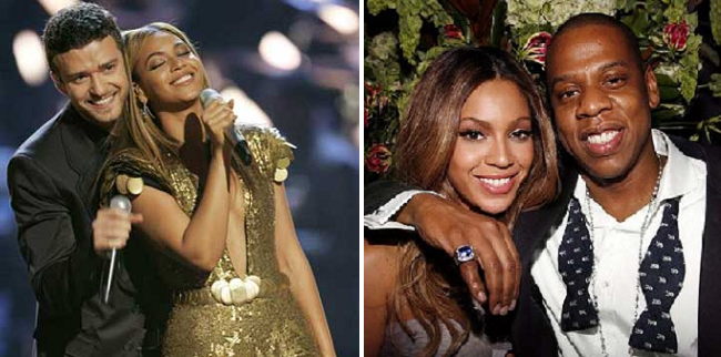Beyoncé, a sinistra con l'altro cantante R&B Justin Timberlake; a destra con il marito Jay-Z, cantante e produttore Hip Hop