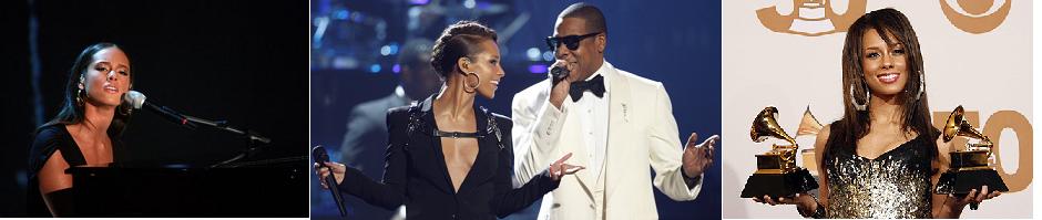 La Keys in tre momenti: a sinistra live a Berlino. Al centro con Jay-Z agli American Music Awards del 2009. A sinistra ai Grammy Awards