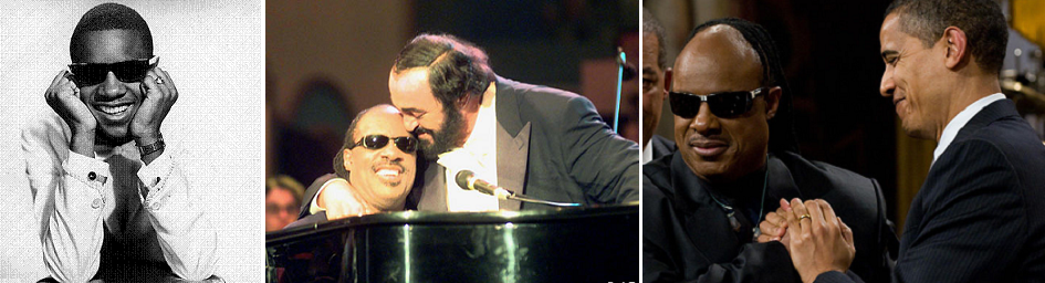 Stevie Wonder, uno dei più grandi cantautori di sempre. A sinistra agli inizi della carriera, al centro con Luciano Pavarotti, a destra premiato da Obama con il prestigioso Library of Congress Gershwin Price