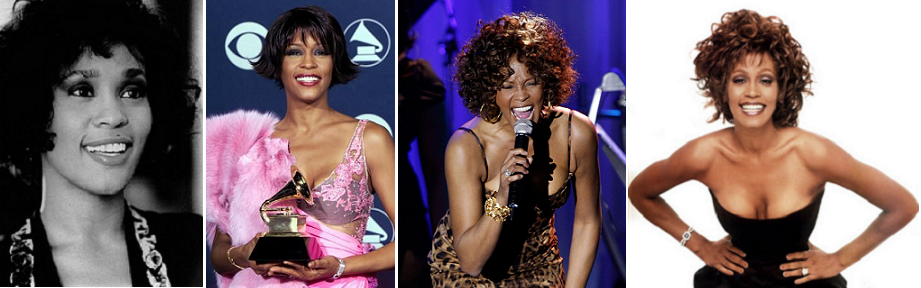Whitney Houston, secondo molti la più grande cantante R&B di tutti i tempi! Da sinistra: agli inizi della sua carriera; durante la premiazione dei Grammy's 2005; ai Grammy 2009; nella cover di uno dei suoi ultimi album. Ha venduto più di 150 milioni di dischi nel mondo! I suoi album detengono il record di vendite per le cantanti femminili. Ha vinto 6 Grammy e 22 American Music Awards (record assoluto). Nel 2008 è entrata nel Guiness dei Primati come artista più premiata e popolare nella storia della musica